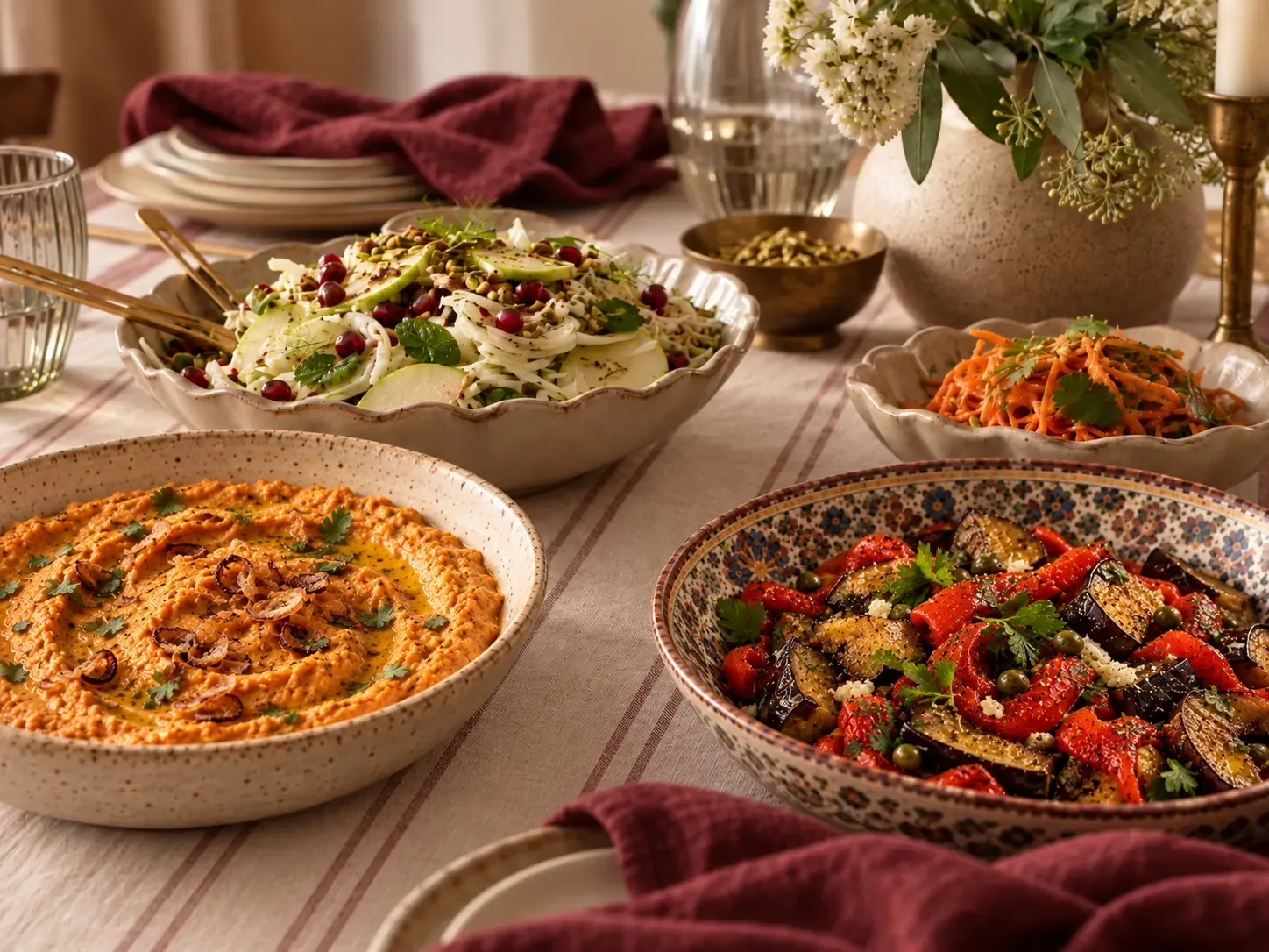 A Shabbos table laid on cream linen with faint burgundy pinstripes: a wide speckled bowl of orange roasted-pepper dip swirled with olive oil and topped with crispy shallots and herbs; a patterned bowl of roasted eggplant with charred red peppers, capers and parsley; a scalloped bowl of shaved fennel, green apple, pomegranate seeds and pistachios with two gold serving spoons; a smaller bowl of shredded carrot salad with herbs; washed burgundy napkins, a brass bowl of roasted seeds, stacked plates, a textured glass and a fluted carafe, and a vase of white blossoms with eucalyptus behind.